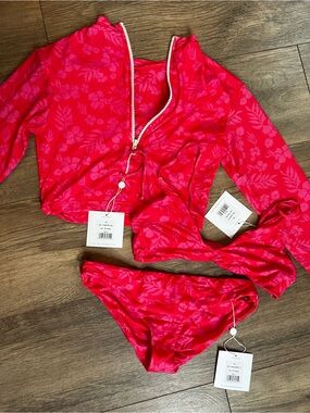Mai swimsuit set in in Pink Sundays- medium top and rashguard and small bottom